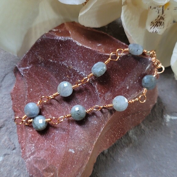 Handmade Labradorite Bronze Wire Wrapped Chain Bracelet Natural Gemstone Jewelry - Picture 7 of 8
